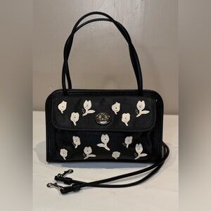 Coach Caddy Crossbody with Flower Appliqué Black Leather Gunmetal 2014 34454